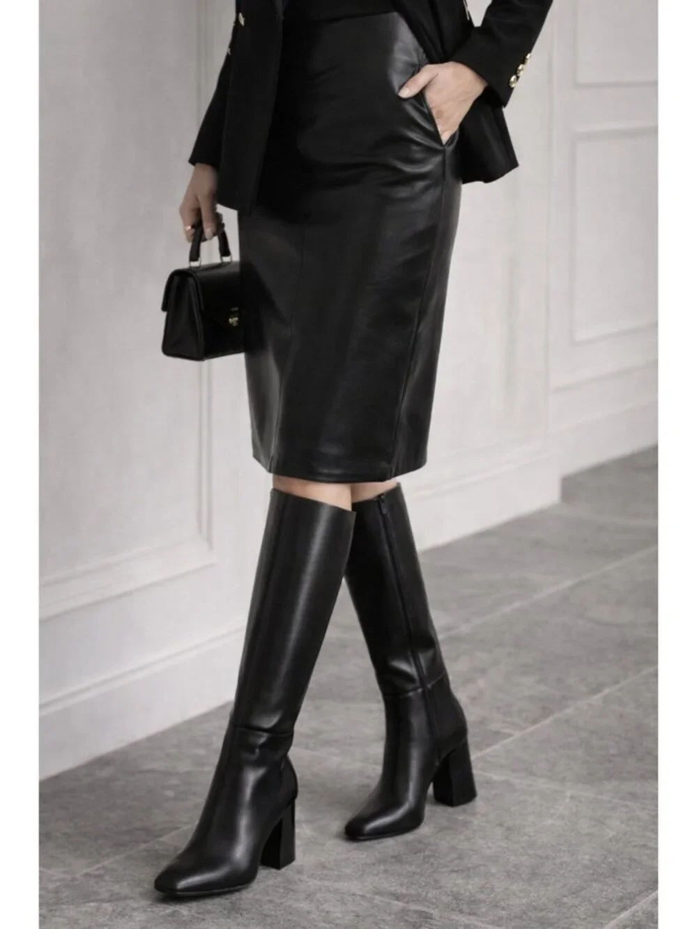 Paige Black Leather Knee High Boots Block Heel Minimalist Tall Zip Riding Boots